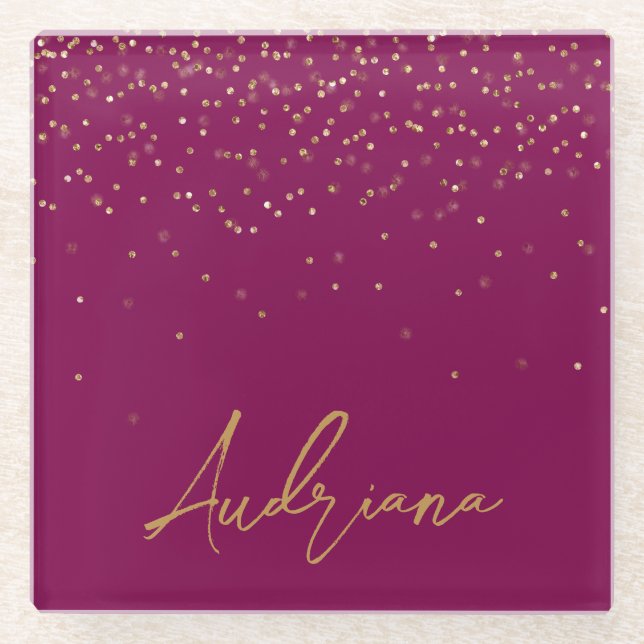 Pink Personalized Gold Name Glitter Sparkle Dots Glass Coaster (Front)