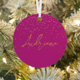 Pink Personalized Gold Name Glitter Sparkle Dots Metal Ornament
