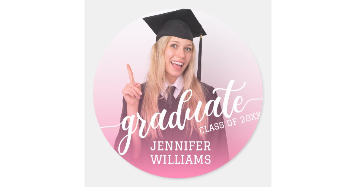 Grad Pic Sticker Pink Personalized Graduation Photo Graduate Party Classic Round Sticker ...