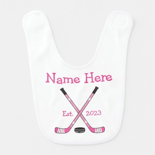Pink Personalized Hockey Baby Girl Name Year Born Baby Bib