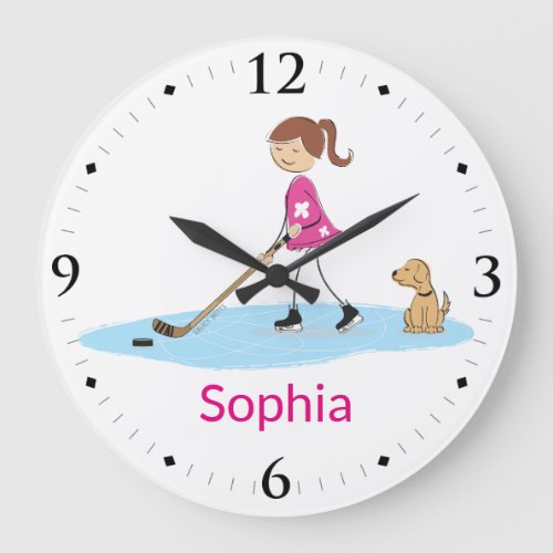 Pink Personalized Hockey Girl Cartoon Room Decor Large Clock