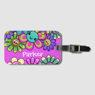 Pink Personalized Kids Smiling Flowers Luggage Tag