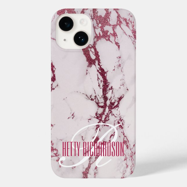 Pink Personalized Lush Glitter Marble Monogram Case-Mate iPhone Case (Back)