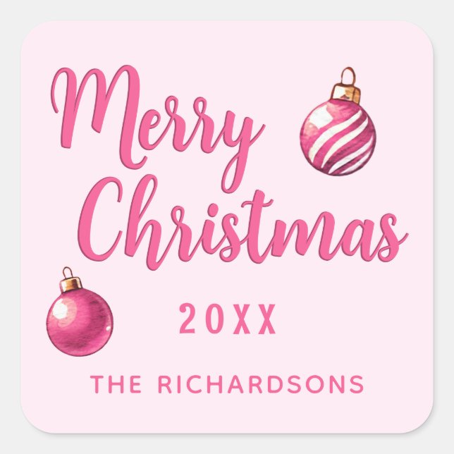 Pink Personalized Merry Christmas Square Sticker (Front)