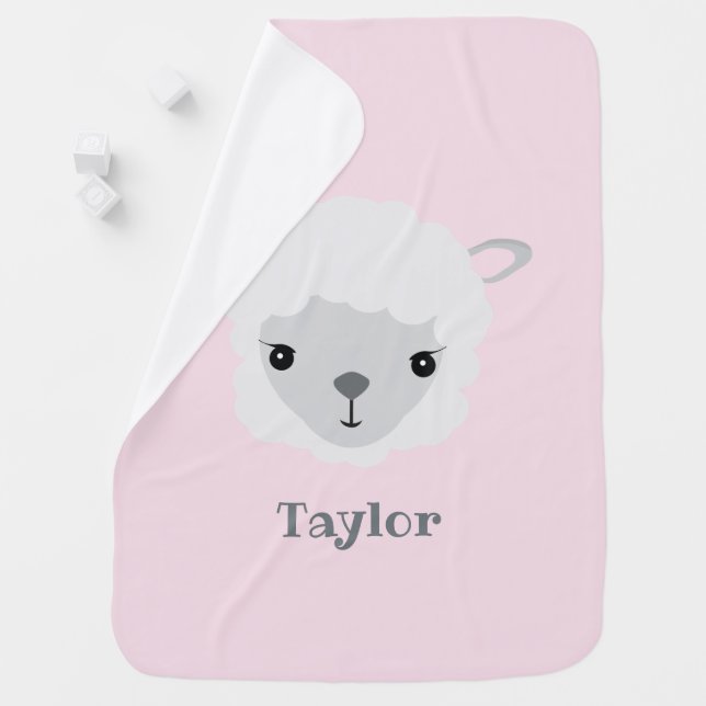 PINK Personalized Modern Lamb illustration Baby Blanket (In Situ)