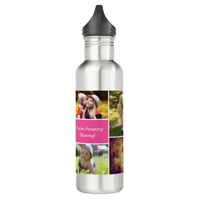 Pink Personalized Mom Multiple Photo collage Stainless Steel Water Bottle (Left)