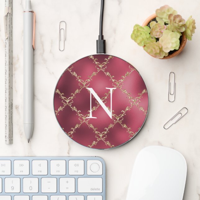 Pink Personalized Monogram Gold Wireless Charger (Desk)
