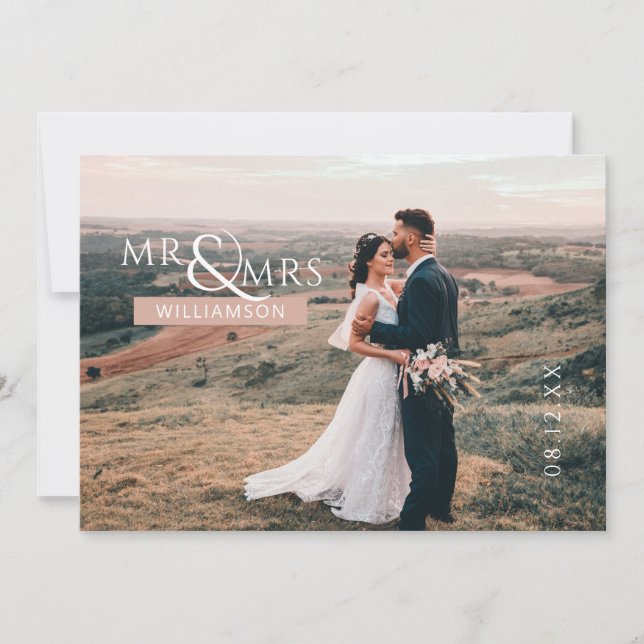 Pink Personalized Mr & Mrs Monogram Wedding Photo  Thank You Card (Front)