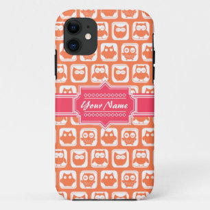 Pink Personalized Name Orange Owls iPhone 11 Case