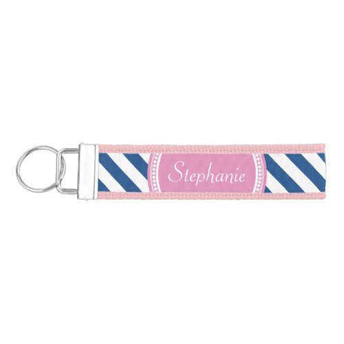 Pink Personalized Navy Blue Diagonal Stripe Girls Wrist Keychain