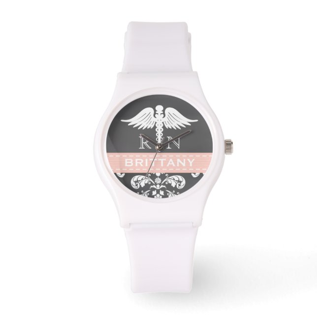 PINK PERSONALIZED NURSE RN CADUCEUS CHALKBOARD WATCH (Front)