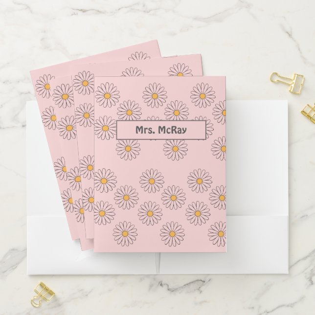 Pink Personalized Retro Daisies pattern Pocket Folder (In Situ)