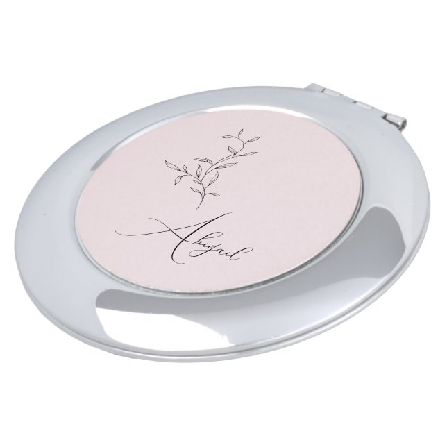 Pink Personalized Script Line Art Foliage Compact Mirror (Turned)