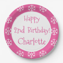 Pink Personalized Snowflake Winter Birthday Kids Paper Plates