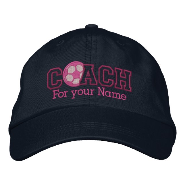 Pink Personalized Soccer Coach with your name Embroidered Baseball Hat (Front)