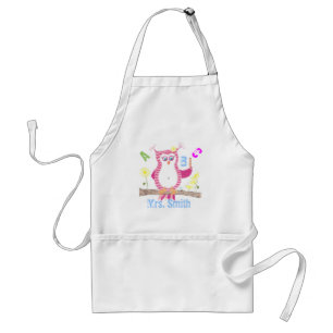 Pink personalized teacher owl apron .