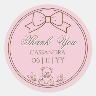 Pink Personalized Teddy Bear Bow Classic Round Sticker
