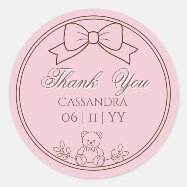 Pink Personalized Teddy Bear Bow Classic Round Sticker (Front)