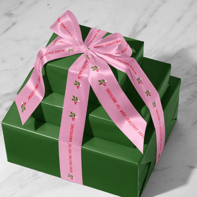 Pink Personalized Text with Holly Sprigs Holiday Satin Ribbon (pink personalized Christmas text and name holiday gift ribbon with holly leaf and berries)