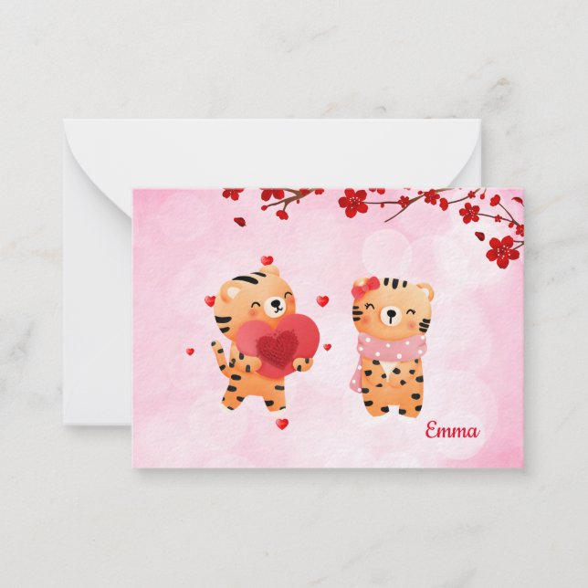 Pink Personalized Tigers Heart Wild about you Love Note Card (Front)