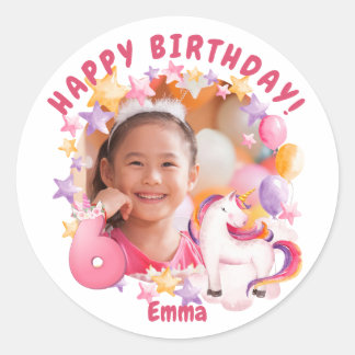 Pink Personalized Unicorn 6th Birthday Girl Classic Round Sticker