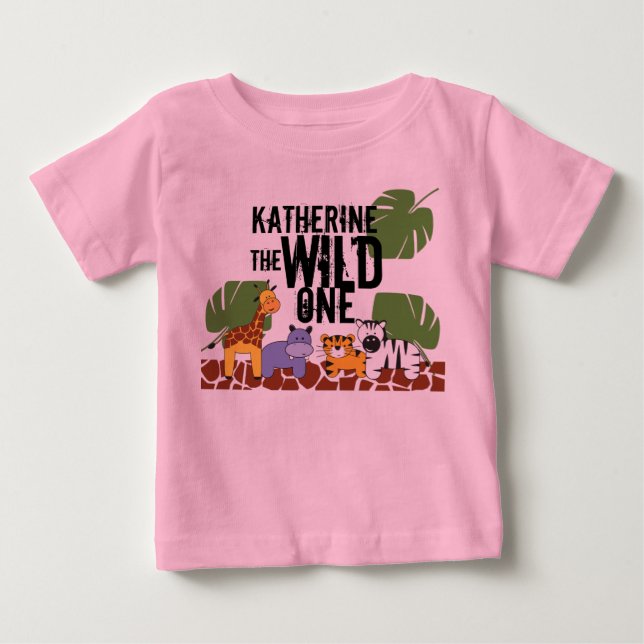 pink Personalized WILD ONE Safari First Birthday Baby T-Shirt (Front)