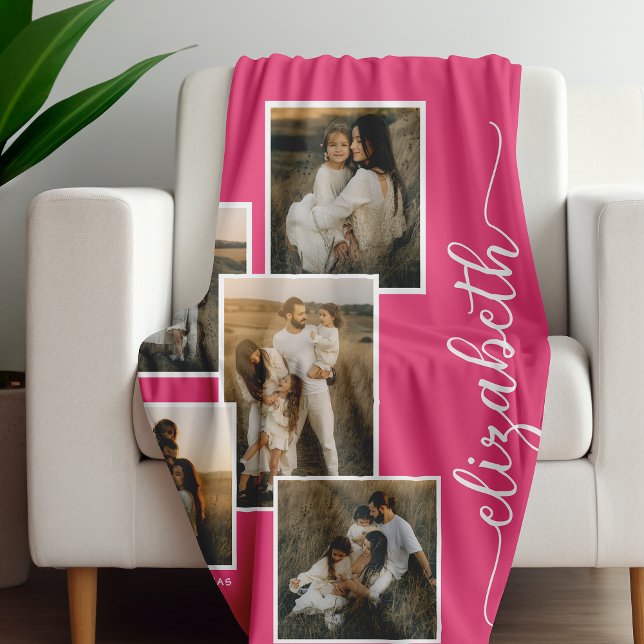 Pink Personalized With Name 5 Photo Collage  Fleece Blanket (Creator Uploaded)