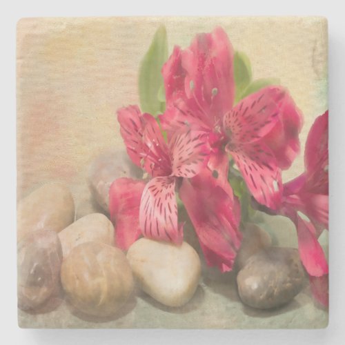 Pink Peruvian Lilies With Stones Coaster