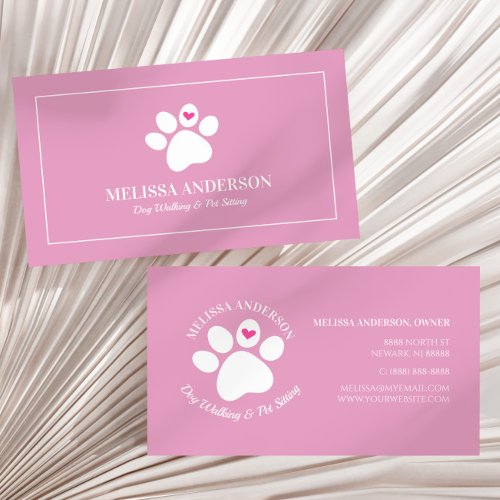 Pink Pet Animal Dog Cat Paw Heart Custom Business Card