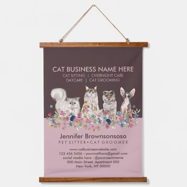 Pink Pet Cat Sitting Office Veterinary Service Hanging Tapestry