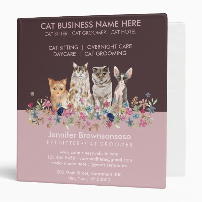 Pink Pet Cat Sitting Service 3 Ring Binder (Front/Inside)