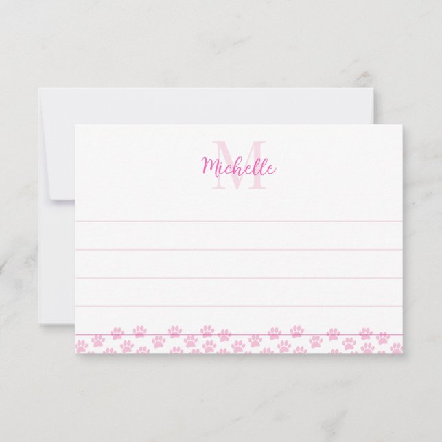 Pink Pet Paw Prints Custom Monogram Cute Lined Note Card (Front)