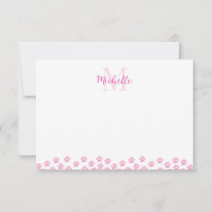 Pink Pet Paw Prints Custom Monogram Cute  Note Card