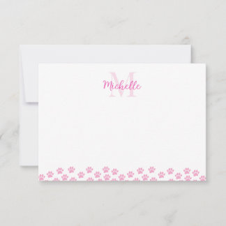 Pink Pet Paw Prints Custom Monogram Cute  Note Card