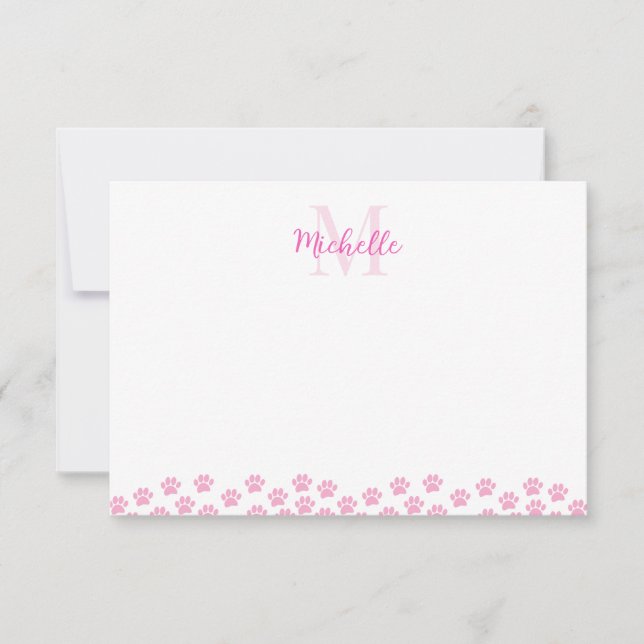 Pink Pet Paw Prints Custom Monogram Cute  Note Card (Front)