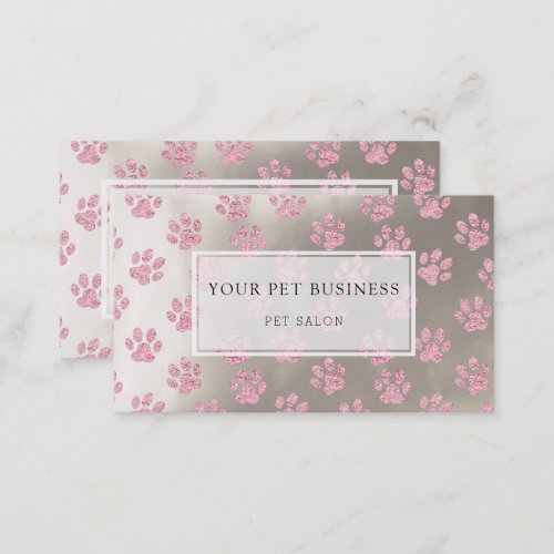 pink pet paw prints on silver pet salon business card