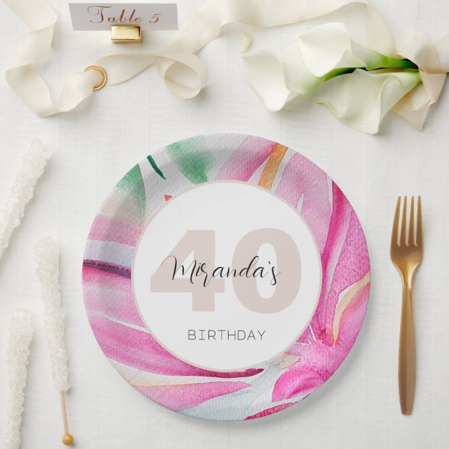 Pink Petal Floral Watercolor Monogrammed Paper Plates (Wedding)