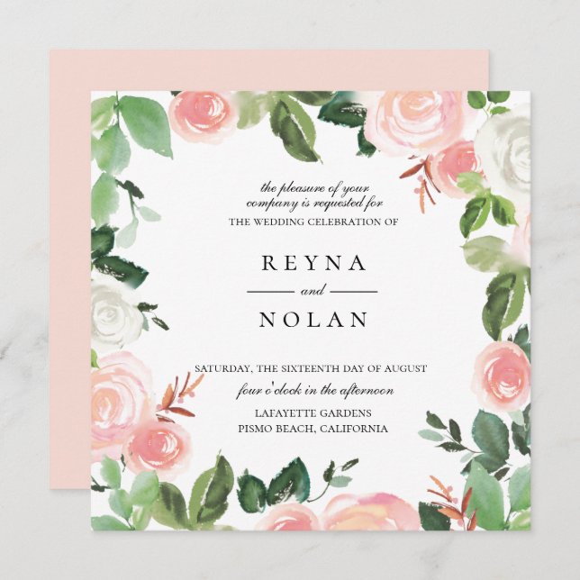 Pink Petal Greenery Frame Wedding Invitation (Front/Back)