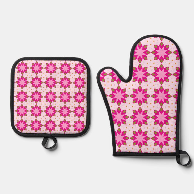 Pink Petal Mosaic pattern Oven Mitt & Pot Holder Set (Front)