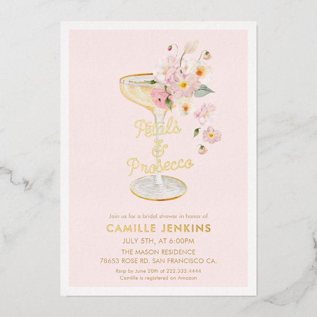 Pink Petals and Prosecco Bridal Shower Foil Invitation (Front)