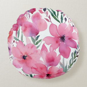Pink Petals Watercolor Floral Painted Flowers Round Pillow