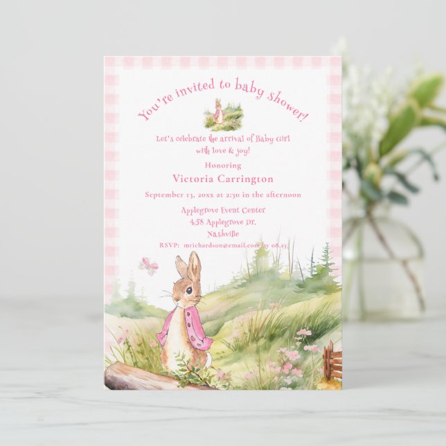 Pink Peter Rabbit Baby Girl Baby Shower Invitation (Standing Front)