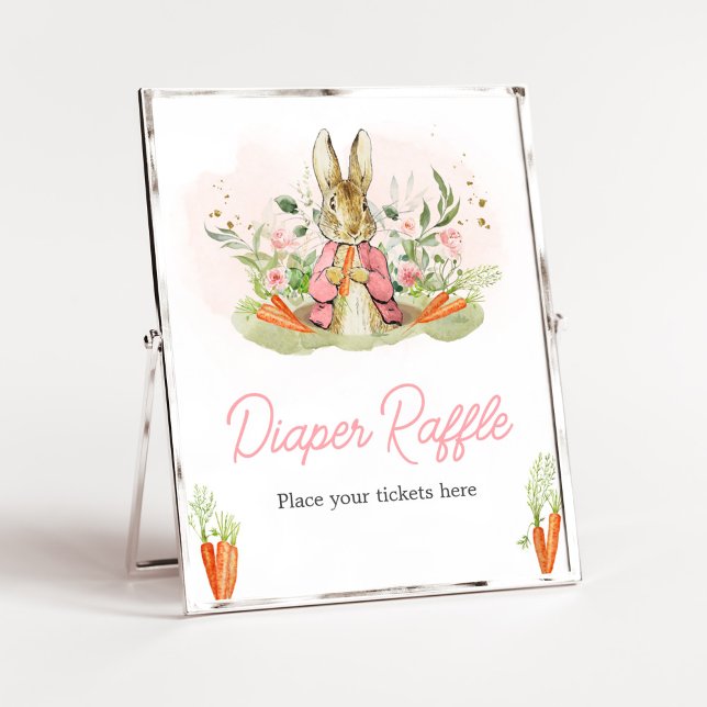 Pink Peter Rabbit Baby Shower Diaper Raffle Poster (A Little Bunny Spring Baby Shower Diaper Raffle Sign)
