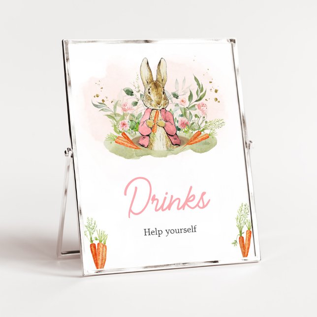 Pink Peter Rabbit Baby Shower Drinks Poster (A Little Bunny Spring Baby Shower Drinks Sign)