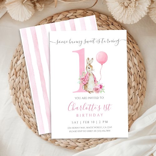 Pink Peter Rabbit First Birthday Invitation