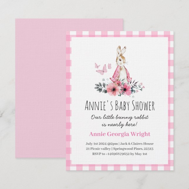 Pink Peter Rabbit Invitation baby shower cute (Front/Back)