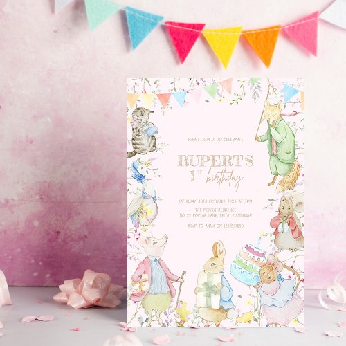 Pink Peter the Rabbit First Birthday Invitation