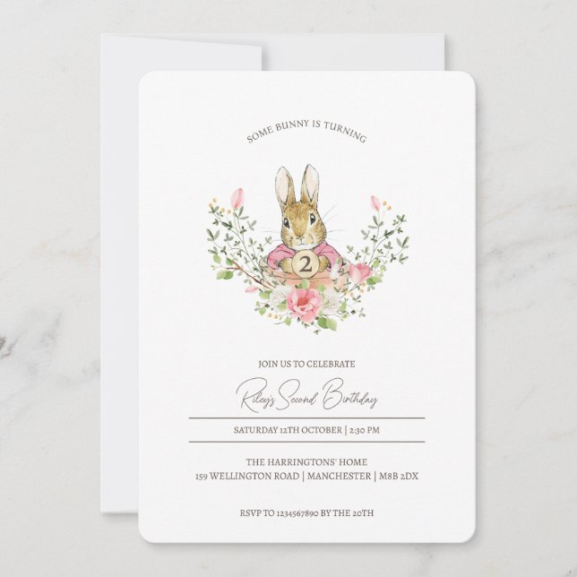 Pink Peter the Rabbit First Birthday Invitations (Front)