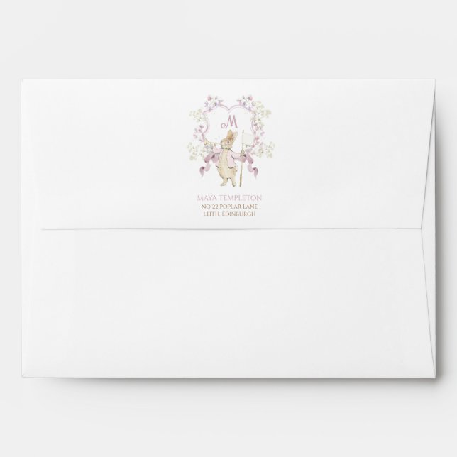 Pink Peter the Rabbit Monogram Crest Baby Shower Envelope (Back (Top Flap))