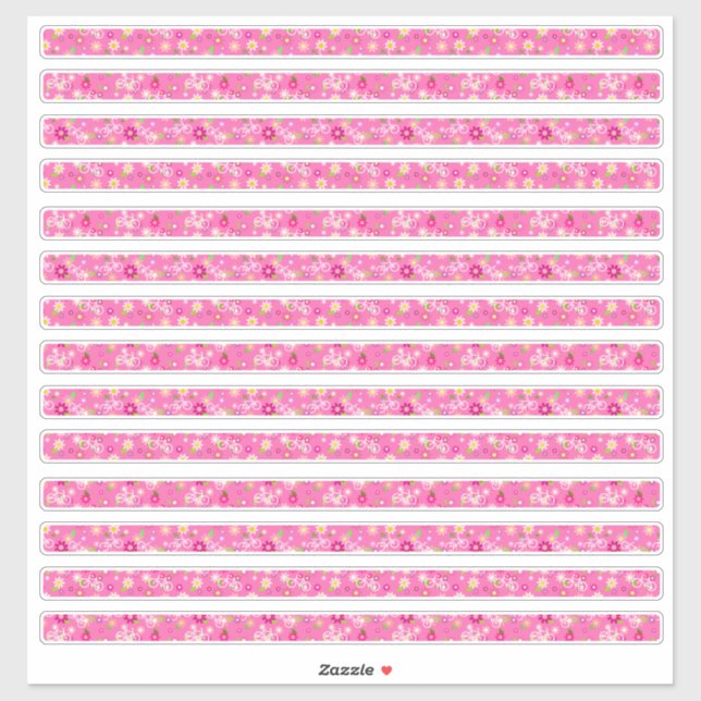 Pink Petite Flowers and Bicycles Borders Sticker (Sheet)